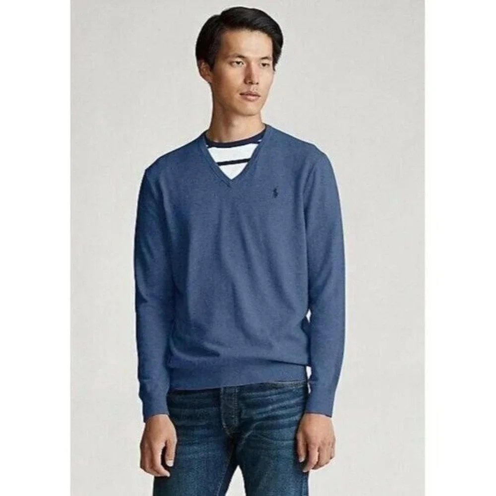 Polo Ralph Lauren men's V neck Pima‎ cotton Sweater Blue Size Large